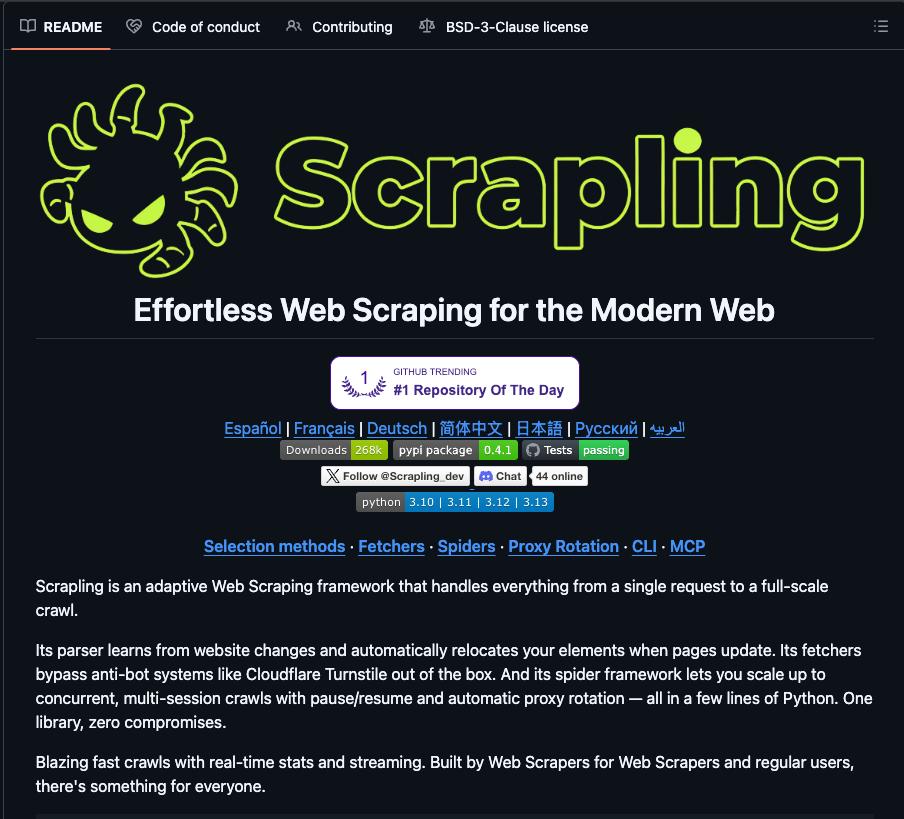 Scrapling GitHub 项目主页（24.9k Star）