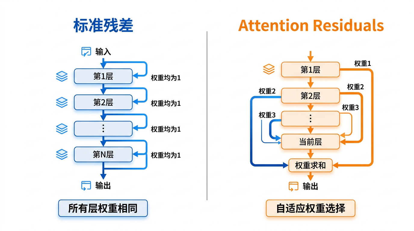 图:AttnRes 对比标准残差,选择性权重 vs 均等累加